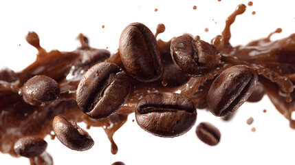 Obraz premium A splash of coffee with coffee beans floating in the air