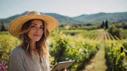 A young woman in a straw hat smiles while using a tablet in a vineyard surrounded by lush greenery and mountains.
