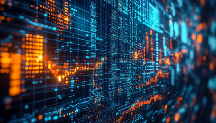 Digital data visualization with vibrant blue and orange technology graphics