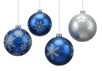 Five spherical christmas tree baubles, three deep blue glossy and two matte silver, with intricate silver glitter snowflake and starburst patterns, suspended against a seamless transparent background