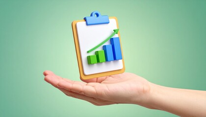 3D clipboard + graph combination icon floating above a hand