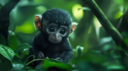 Obraz premium Adorable baby monkey with big eyes sits amidst lush green foliage.