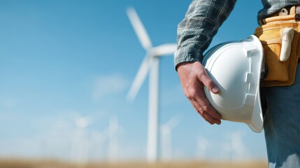 An engineer stands with a hard hat, wind turbines in the background, symbolizing renewable energy and innovation.