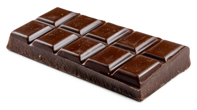 A chocolate bar with squares on it. The squares are dark brown. The chocolate bar is on a white background