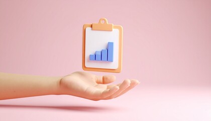 3D clipboard + graph combination icon floating above a hand