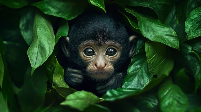 Adorable baby monkey peeking from lush green foliage.