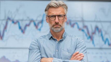 Confident businessman analyzing financial graphs with a serious expression, showcasing professionalism and expertise.