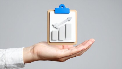 3D clipboard + graph combination icon floating above a hand