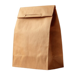 A brown paper bag is folded at the top and isolated on transparent background, ready to be filled with lunch or groceries