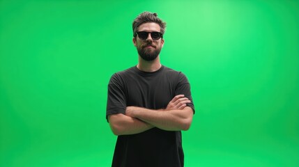 Fototapeta premium Confident man with sunglasses standing against a green screen, ready for creative projects and media production.