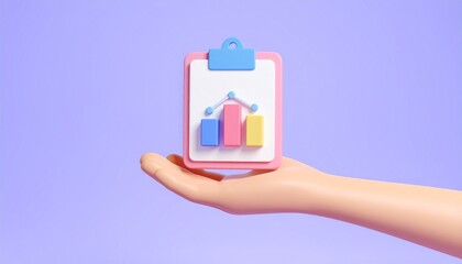 3D clipboard + graph combination icon floating above a hand