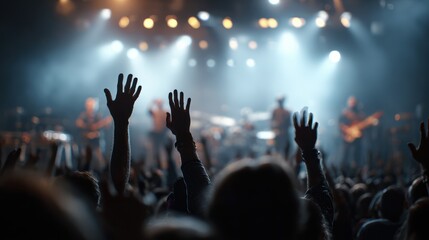 Excited crowd at a live music concert, hands raised in celebration under vibrant stage lights.