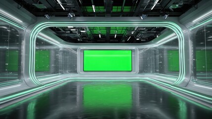 Fototapeta premium Futuristic studio space with green screen and neon lighting, ideal for video production or broadcasting.