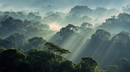 Majestic forest landscape with sunlight beams filtering through the lush green canopy, creating a serene atmosphere.