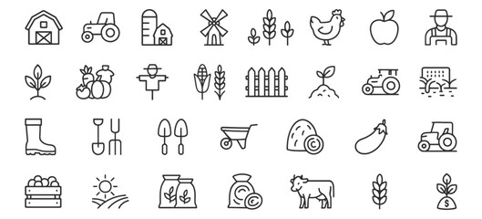 Farming and Agriculture Line Icons Pack – Unique Vector Icons for Farm Tools, Crops, Animals, Equipment, and Organic Produce Design