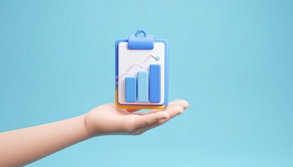 3D clipboard + graph combination icon floating above a hand