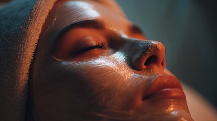 Relaxing facial treatment with a moisturizing mask on a woman's face in a serene environment.