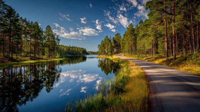 Serene picturesque lake reflecting the sky, surrounded by tall trees and a winding path, perfect for nature lovers.