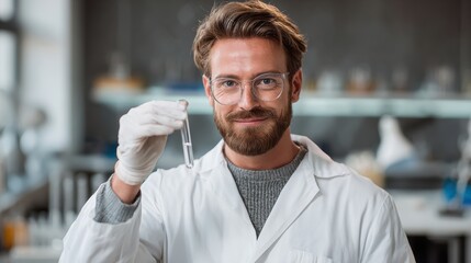 Obraz premium Smiling scientist holding a test tube in a modern laboratory, representing innovation and research in science.