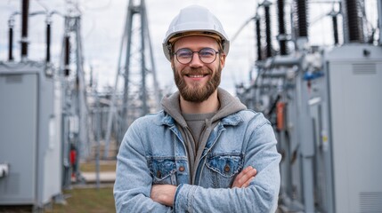 Smiling technician in safety gear stands confidently in front of electrical equipment, showcasing expertise and professionalism.