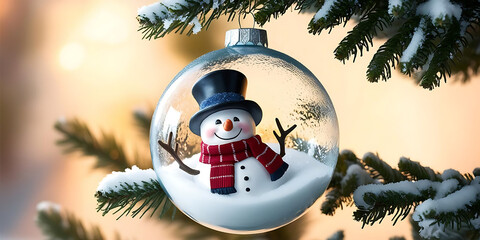 Festive Snowman Ornament on Pine Branch

