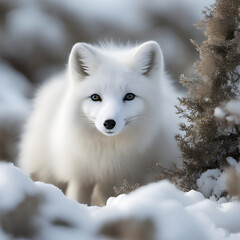 A white Arctic fox in camouflage mode, ultra-realistic wildlife photography