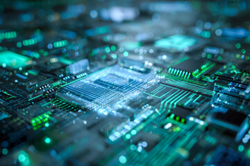 Obraz premium Close-up of a futuristic computer circuit board with glowing digital components