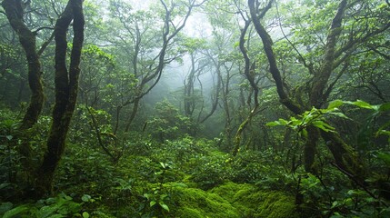 Fototapeta premium Misty Rainforest Lush Green Canopy And Mossy Trees