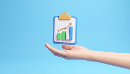 3D clipboard + graph combination icon floating above a hand