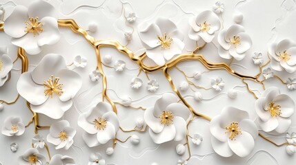 Flowering tree background in 3D with white flowers and golden trunk