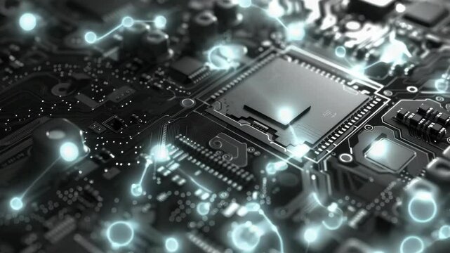 Highly detailed electronic circuit board, with a focus on microprocessors and advanced technology components.