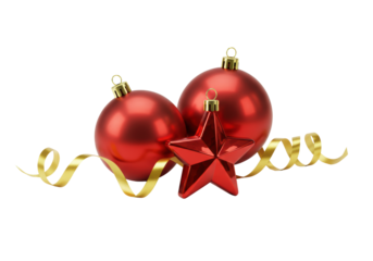 Two highly reflective deep red christmas baubles and a matching red star ornament with a shiny elegant curling golden ribbon on a pristine seamless transparent background, soft shadows, ample copy