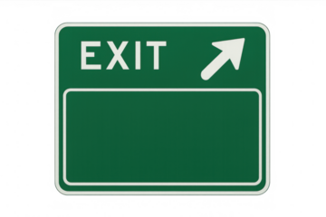Customizable green highway exit sign with white arrow pointing to the upper right corner on a transparent background