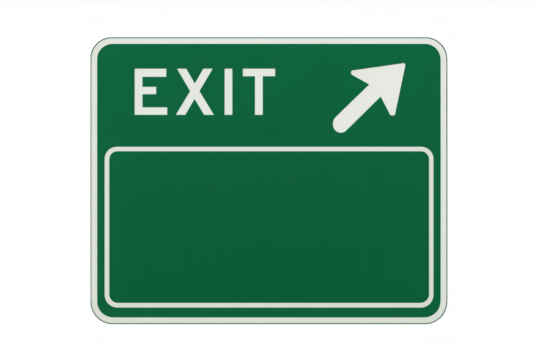 Customizable green highway exit sign with white arrow pointing to the upper right corner on a transparent background