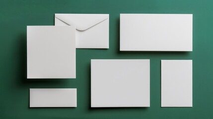 Elegant stationery mockup showcasing pristine white cards and envelope on dark green surface