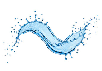 A dynamic splash of crystal clear, vibrant refreshing blue water, captured mid-air with wave-like form and perfectly formed droplets, isolated on a pristine transparent background with copy space,