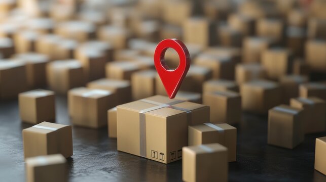 Red location pin on cardboard box among many others, representing delivery tracking or logistics. (1)