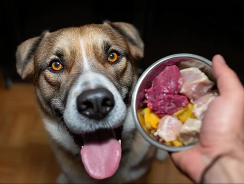 A Dog's Delight: A cheerful dog gazes longingly at a bowl of wholesome, fresh food, highlighting the essence of pet nutrition.