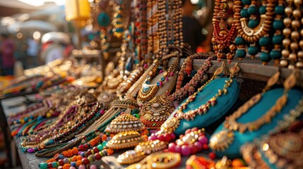 Fototapeta premium Exquisite jewelry display in vibrant colors at an outdoor craft market