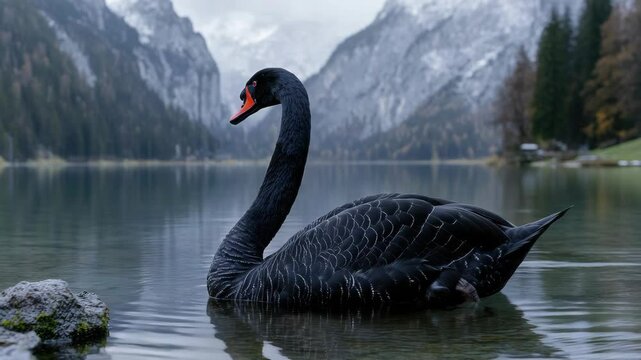 A black swan with orange beak on calm water surrounded by forest and mountain backdrop.