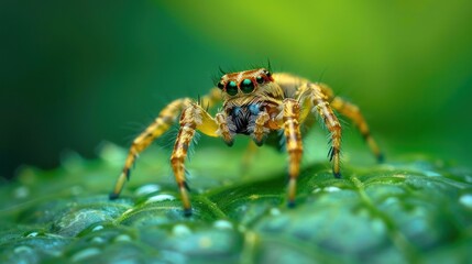 Detailed Macro Shot of a Jumping Spider on a Dew-Kissed Verdant Leaf