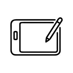 An outline icon of a tablet with a stylus, ideal for websites or blogs focusing on digital art, graphic design, education, or technology for creativity and productivity.