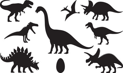 Diverse Dinosaur Silhouettes A Prehistoric Gathering of Tyrannosaurus Triceratops and Other Extinct Creatures in Striking Black and White