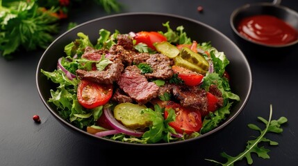 Cheeseburger, hamburger or burger keto salad with beef, fresh tomatoes, red onion, pickled gherkins, lettuce and home made sauce dressing