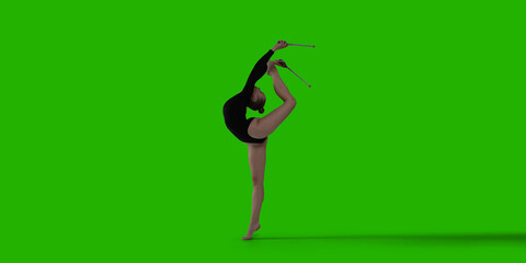 Rhythmic gymnastic woman on green screen background.