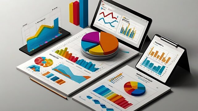 Colorful charts and graphs representing business data and analytics on various devices