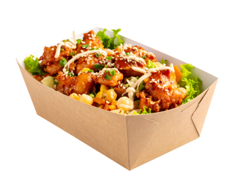 Asian chicken bowl in takeaway box