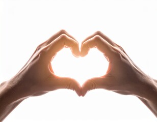 Obraz premium Two hands making a heart shape gesture with soft backlight, isolated on white