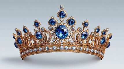 White Gold Crown with Blue Gems, Isolated on Transparent Background for Royal Design