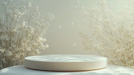 White podium on a white background, neutral product display scene, branding mock-up, 3D render.